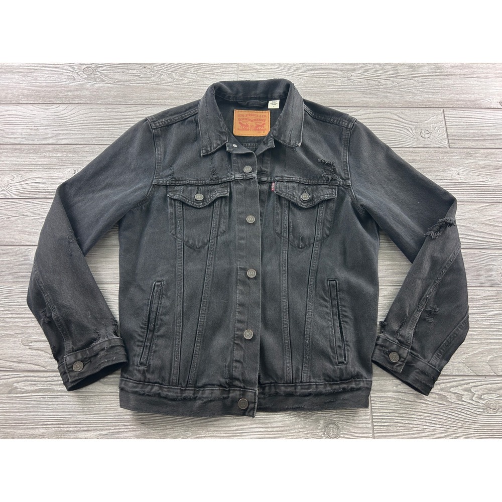 Levis Mens Distressed Black Denim Trucker Jacket Size M Washed Cotton 1613